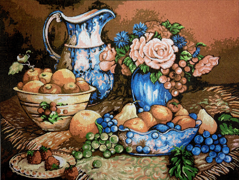 canovaccio cotone quadro mezzopunto vaso di frutta e fiori